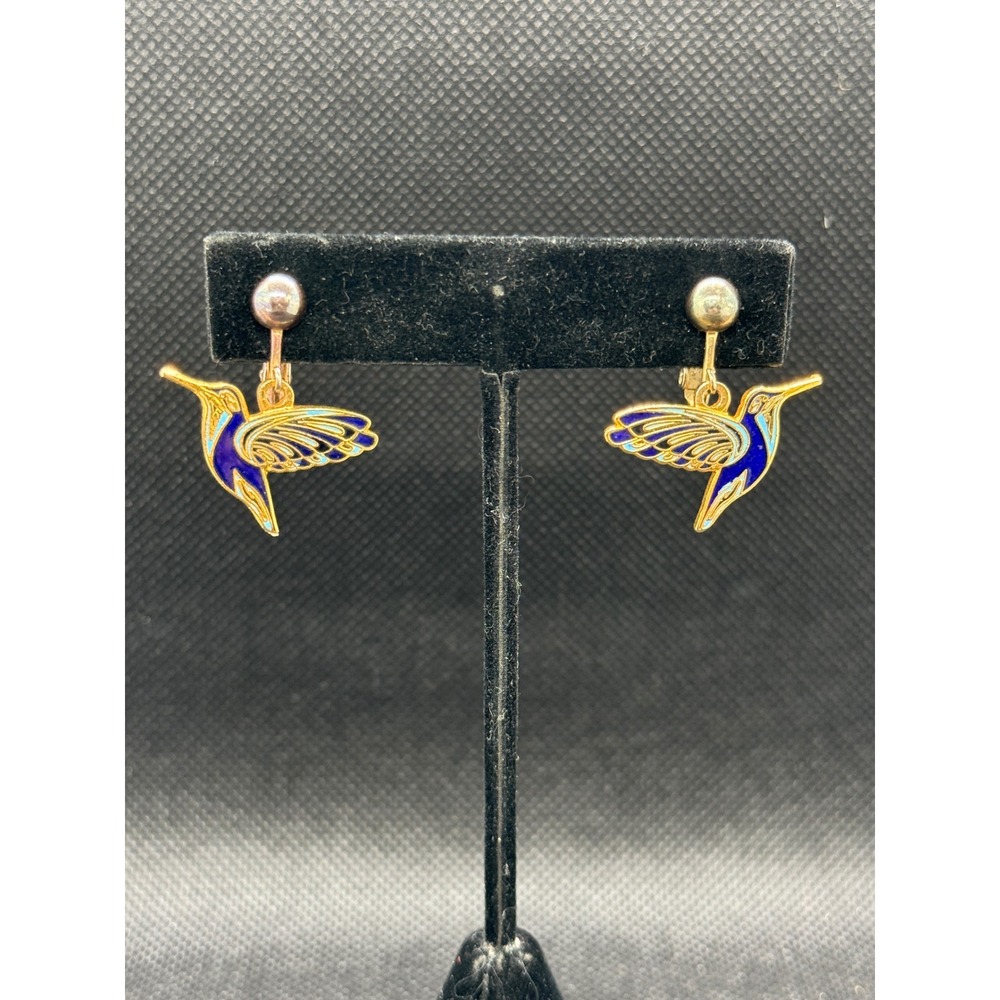 Blue Enamel Hummingbird Clip On Earrings Gold Tone Screw Back Vintage Style